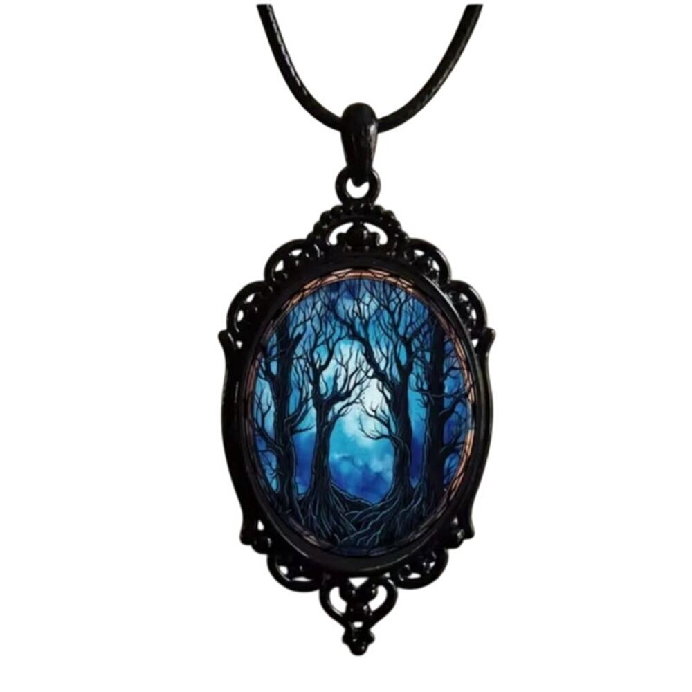 Gothic Oval Pendant Mysterious Deep Blue Forest Scene Statement Necklace Witchy